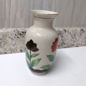 Andrea By Sadek Round Biege Vintage Vase with Colorful Flowers Gold Trim
